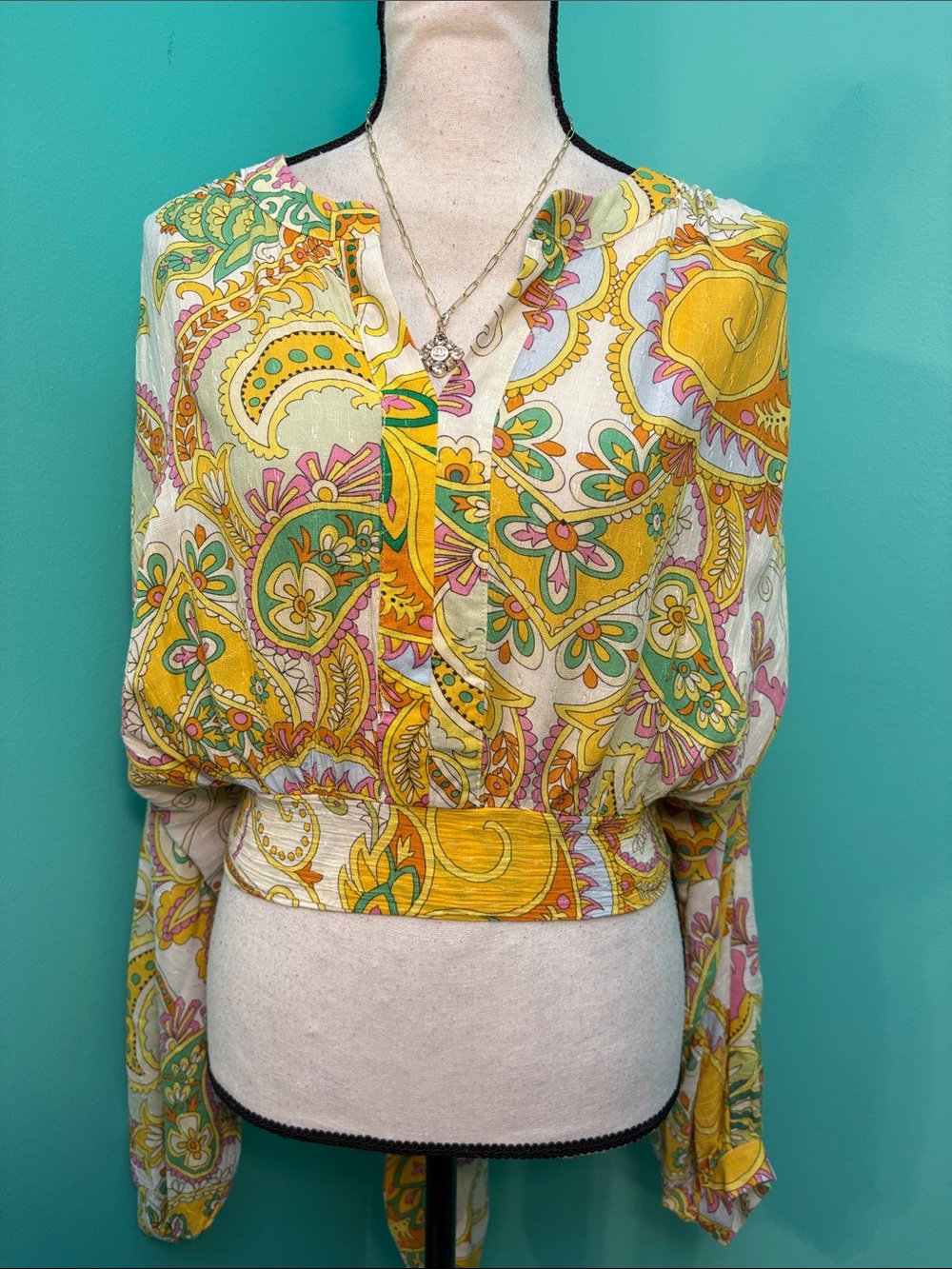 Haute Hippie Yellow Green Pink Paisley Crop Top